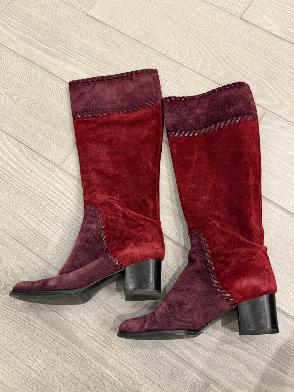 YSL Vintage Colorblock Suede Crimson Burgundy/Plum Whipstitch Detail Boots 8.5